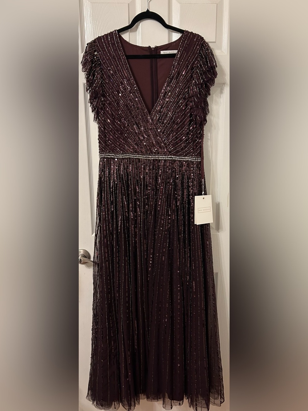 Mac Duggal Plum Beaded Sequin Flutter Sleeve Gown - Picture 3 of 16